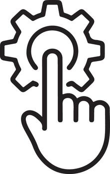 Hand pressing a button in the center of a gear icon representing settings or configuration vector