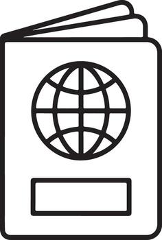 Simple outline icon of an open passport featuring a globe symbol and blank space for text vector