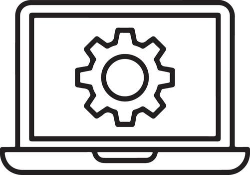 sencillo línea Arte icono de un ordenador portátil computadora pantalla mostrando un engranaje símbolo para ajustes vector