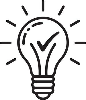 Simple line art drawing of a light bulb with a check mark inside representing a good idea or solution vector