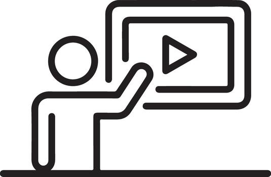 Simple line icon of a person interacting with a digital screen displaying a play button vector