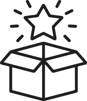 A simple line art illustration of a star bursting from an open cardboard box symbolizing success and achievement vector