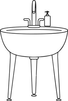 Simple line drawing illustration of a pedestal sink with a faucet and soap dispenser on a white background vector