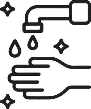 Simple line art illustration of a hand being washed under a running faucet with sparkling clean water drops vector