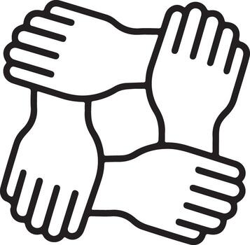 Stylized black and white icon of four hands interlocking to symbolize unity and teamwork vector