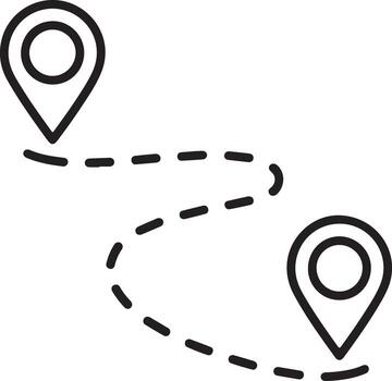 Simple line art icon representing a route or journey between two location pointers vector