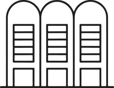 Simple line art illustration of three identical arched buildings with horizontal window panes vector