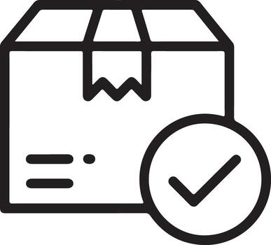 Simple line art icon of a shipping box with a check mark in a circle indicating delivery or completion vector