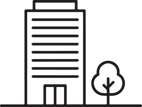 Simple outline icon of a tall modern office building with a small tree and ground line vector