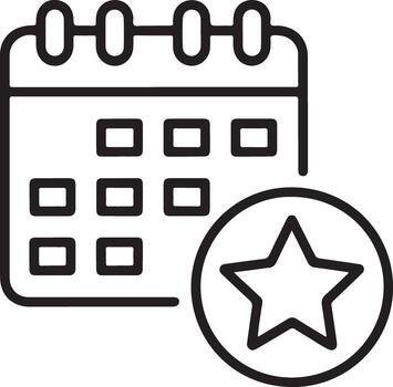 Simple line art icon of a calendar with a star symbol indicating an important date or event vector