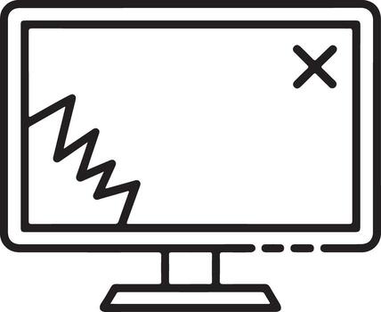 Line art icon of a broken computer monitor screen with a crack and error symbol vector