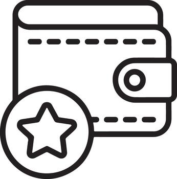 Outline icon of a wallet with a star symbol in a circle representing a favorite or preferred item vector