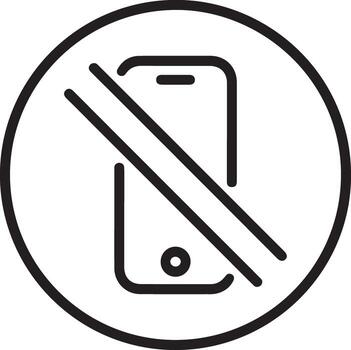 Simple line icon symbol of a smartphone with a diagonal line crossing it indicating no mobile phones allowed vector