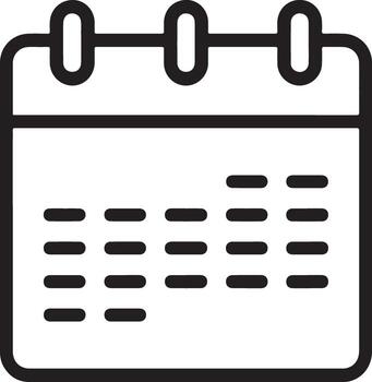 Simple black and white line art icon of a calendar with days marked for planning and scheduling vector