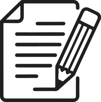 Simple line art icon of a pencil writing on a document with lines vector