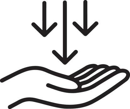 Simple line art icon of three downward arrows pointing towards an open palm vector