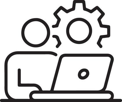 Stylized icon of a person working on a laptop with a gear symbolizing process or development vector