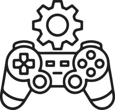 contorno icono de un juego controlador con un engranaje simbolizando juego desarrollo y ajustes vector