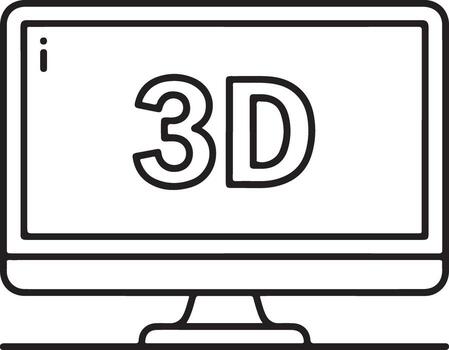 Simple line art icon of a monitor displaying the text 3d vector