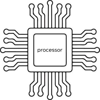 Stylized black and white illustration of a central processing unit chip with the word processor inside vector