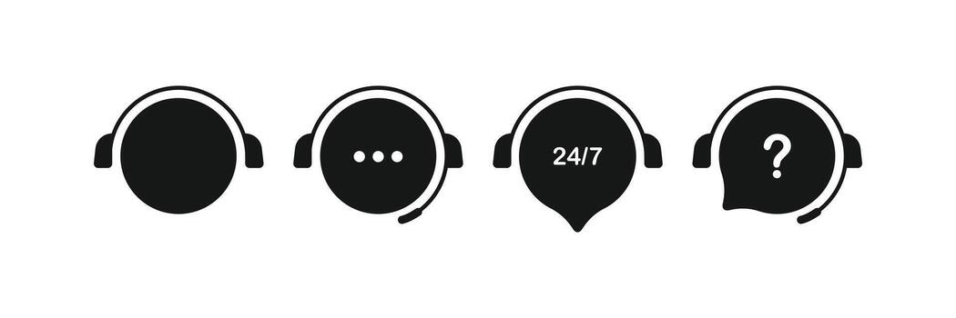 Black icons of a headset with speech bubbles. The icons, including ellipsis, 24h 7d text, and a question mark, are perfect for customer service, support, and call center concepts vector