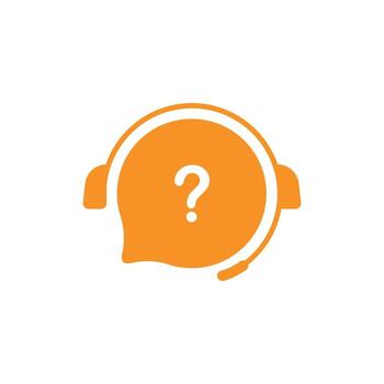 Orange icon for customer service and support. This clean design features a headset with a question mark in a speech bubble, ideal for FAQs, help centers, and online assistance vector