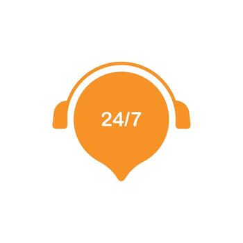 Illustration of an orange headset with a 24h 7d sign inside a speech bubble. The design is suitable for customer support, round-the-clock service, helpdesk, and availability concepts vector
