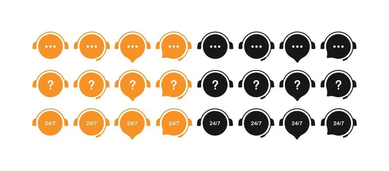 Customer support icons set, headset with message, question mark, and 24 hours 7 day service symbols vector
