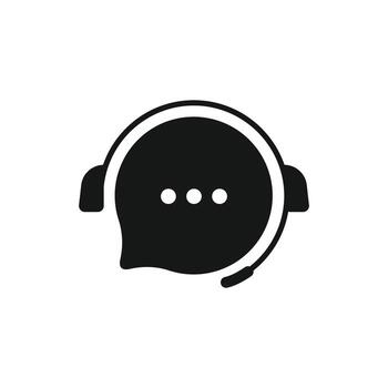 Black illustration of a customer service icon. The design features a headset and a speech bubble with an ellipsis, making it perfect for call centers, live chat, and helpdesk concepts vector