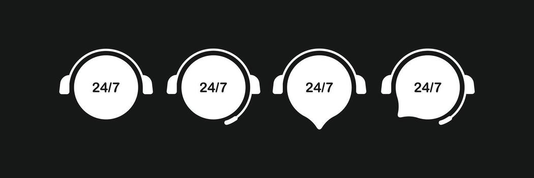 White icon set on a dark background showing a headset with a 24h 7d text. The icons are in various shapes, great for customer support service, available 24 hours, and round-the-clock help vector