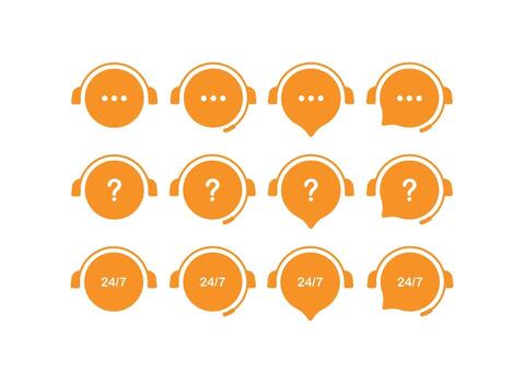 Twelve orange icons for customer support and online services. Featuring headsets with chat bubbles, question marks, and 24h 7d. Ideal for help desks, communication, and call centers vector