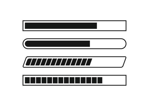 Black progress bar icon set. The collection features various styles of loading indicators, including solid, segmented, and slanted, perfect for web, app, or software interface designs vector