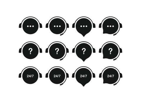 Black and white icon set for customer support services. It includes icons with a headset, question mark, and 24h 7d text in various speech bubble and circle shapes, perfect for websites or apps vector