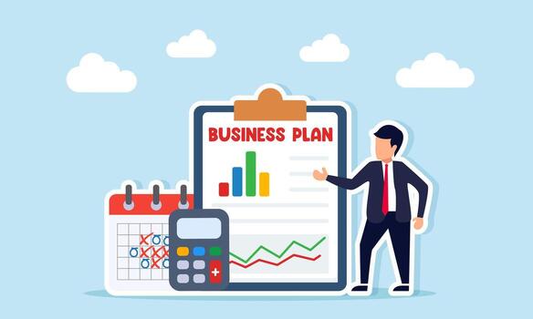 Businessman explaining data document with chart placed near calculator and calendar illustration of business report presentation and calculation vector