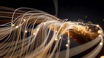 astratto raggiante fibra ottico cavo d'oro leggero striature tecnologia sfondo con alto velocità dati trasferimento futuristico digitale comunicazione dinamico energia flusso moderno Rete e bokeh video
