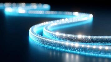 raggiante blu guidato leggero striscia curve senza intoppi riflessivo superficie, la creazione di moderno illuminazione con flessibile tubo, futuristico tecnologia, astratto sfondo, scintillante notte, energia efficiente video