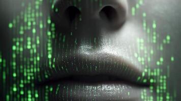avvicinamento di umano viso con verde digitale codice sovrapposizione, simboleggiante artificiale intelligenza, tecnologia, e virtuale realtà, la creazione di futuristico atmosfera con messa a fuoco labbra e naso, evocando video