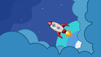 raket lansera in i Plats tecknad serie animering bakgrund . yttre Plats utforskning med stjärnor och moln himmel för astronomi och vetenskap teknologi animerad antal fot rörelse grafisk illustration design video