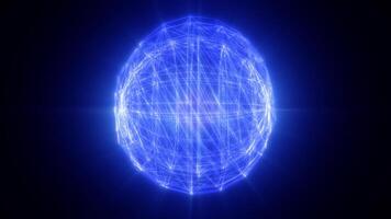 en blå trådmodell sfär, sammankopplade förbi lysande rader, representerar global anslutning, data flöde, och digital nätverk expansion i en trogen design video