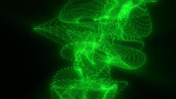 vivido verde raggiante maglia colpi di scena in un' complesso spirale formazione contro un' buio sfondo, somigliante un' dinamico digitale elica video