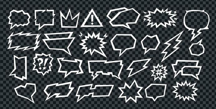 A manga speech comic style places text in a talk box balloon with bold frame lines. Manga speech set features outline chat bubbles, cartoon dialog shapes and elements for simple bg design. vector