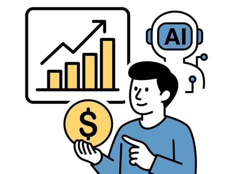 AI assistant helping to generate income and boost business growth. A man holding a dollar coin with a rising bar chart and AI robot head, symbolizing financial success and smart investment. vector