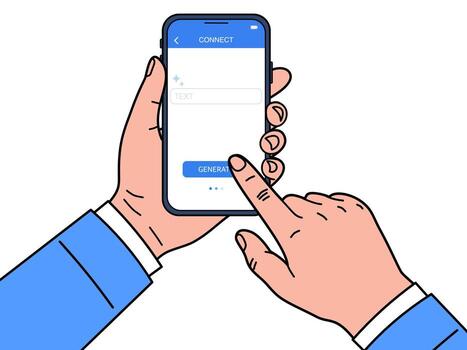 User's hands holding a smartphone to access AI technology. The illustration shows a simple and convenient way to connect with AI, symbolizing easy access to intelligent solutions anytime, anywhere. vector