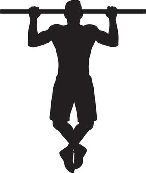 Dynamic silhouette of a muscular man executing a strength building pull up exercise on a horizontal bar vector