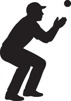 Dynamic silhouette of a baseball player in action capturing a ball with athletic form and focus vector