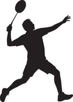 Dynamic silhouette of a male badminton player executing a powerful smash during a competitive match vector