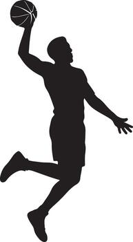 Dynamic silhouette of a basketball player in mid air executing a powerful dunk shot against a clean background vector