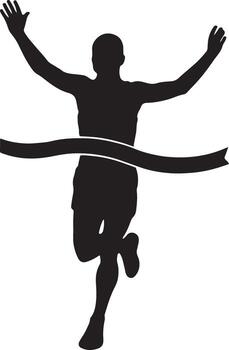 Dynamic silhouette of a determined athlete victoriously breaking through the finish line tape in a burst of speed and triumph vector