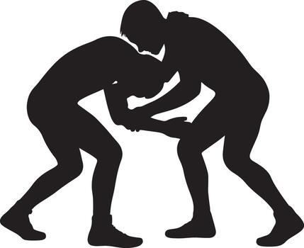 Dynamic silhouette of two wrestlers engaged in intense combat pose ready for athletic competition or sports themed design vector