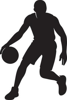 Dynamic silhouette of a basketball player skillfully dribbling the ball during an intense game action vector